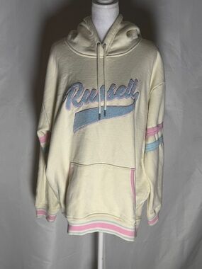 Russell Pastel Hoodie Cream Pink Blue Embroidered Logo Oversized Cozy Sweatshirt